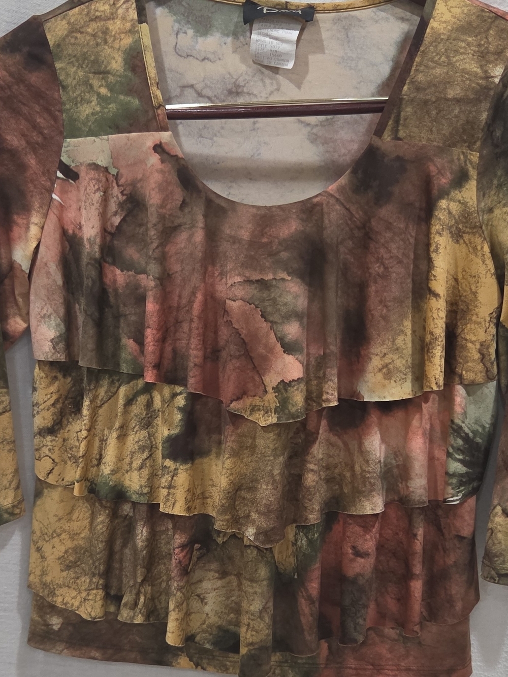 Bali Women’s Multicolor Abstract Sheer Mesh Ruffle Scoop Neck Blouse M
